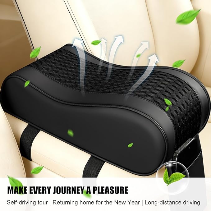 Car Armrest Cushion, Soft Memory Foam Leather Vehicle Armrest Pillow with Storage Bag, Multifunctional Automotive Interior Center Console Arm Rest Pad, Universal for Most Vehicles (Black)