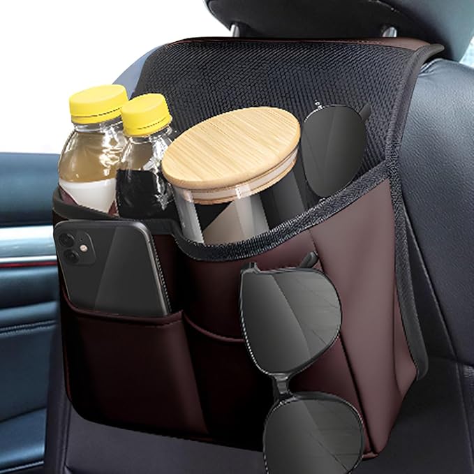 Car Back Seat Organizer, Waterproof PU Leather Car Hanging Storage Bag, Multipurpose Front & Backseat Car Seat Storage Organizer, Universal Interior Car Accessories for Most Vehicles (Brown Red)