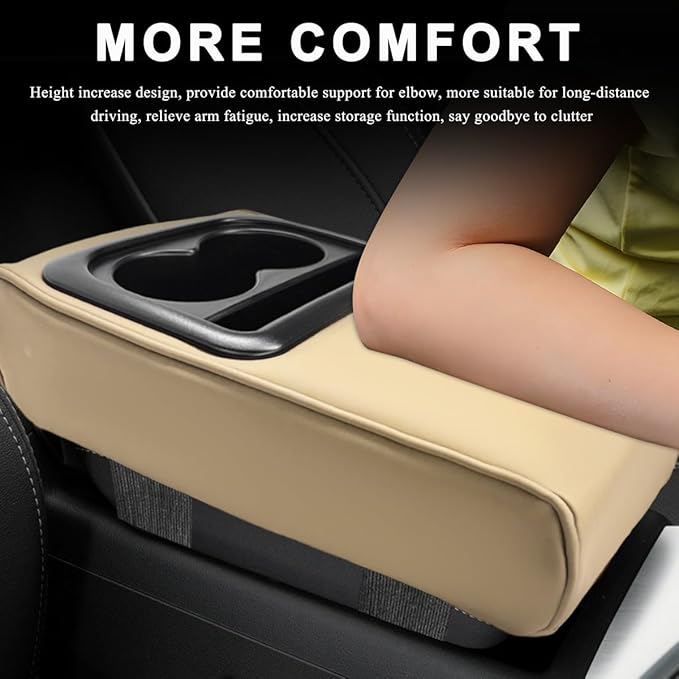 Car Center Console Armrest Pillow, 14"×8.3" Waterproof Leather Armrest Box Cover with Cup and Phone Holder, Soft Memory Foam Arm Rest Console Pad Protector for SUV Truck (Beige, Glossy)