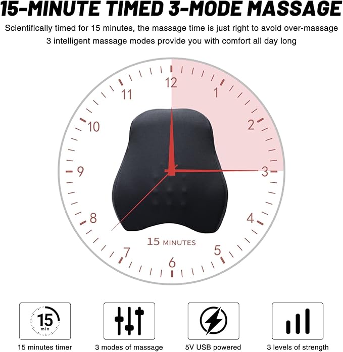 lumbar support pillow for office chair lumbar support pillow for car Heated vibrating pillow back support for office chair for recliner 3 Heating Levels & 4 Motors & 3 Intensities, Gifts,Black
