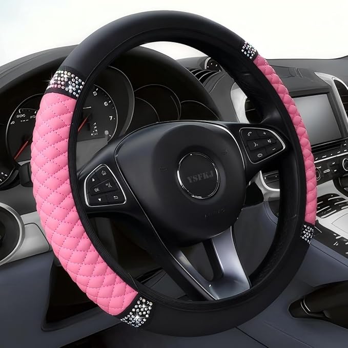 Soft Leather Car Steering Wheel Cover, Universal 15 Inch Colorful Rhinestones Anti-Slip Elastic Steering Wheel Covers for Most Cars, Sparkly Crystal Diamond for Women Girls (Pink)