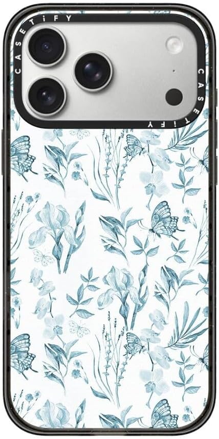 CASETiFY Impact iPhone 17 Pro Max Case [Slim/Compatible with Magsafe / 8.2 ft. 4X Military Grade Drop Protection] - Elegant Pastel Blue Vintage Butterfly Floral - Clear Black