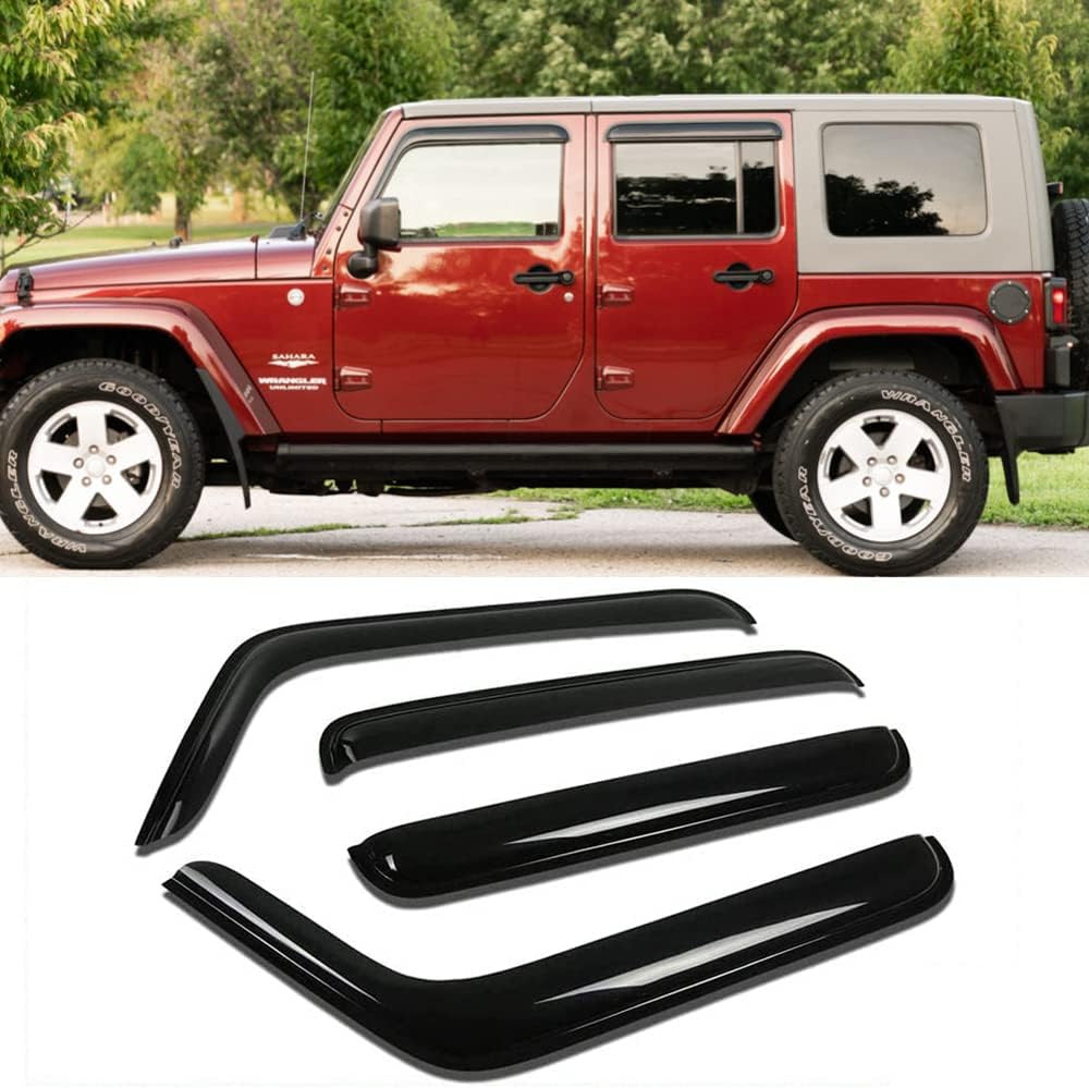 Side Window Visor Vent Deflector Rain Guard,4pcs Outside Mount Tape-on Shatterproof Dark Smoke window shades fit for 2007-2018 Jeep Wrangler 4-Door (JK) 94249