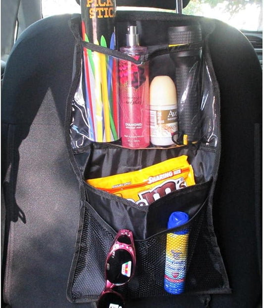 Car Backseat Organizer 11X19" Tablet Hold 3 Storage Pockets Travel Accessory Blk Seat Back Protector Kick Mats for Kids Toddlers, Travel Accessories Auto Seat Storage Hanging Bag, Phones, Drink, Stuff
