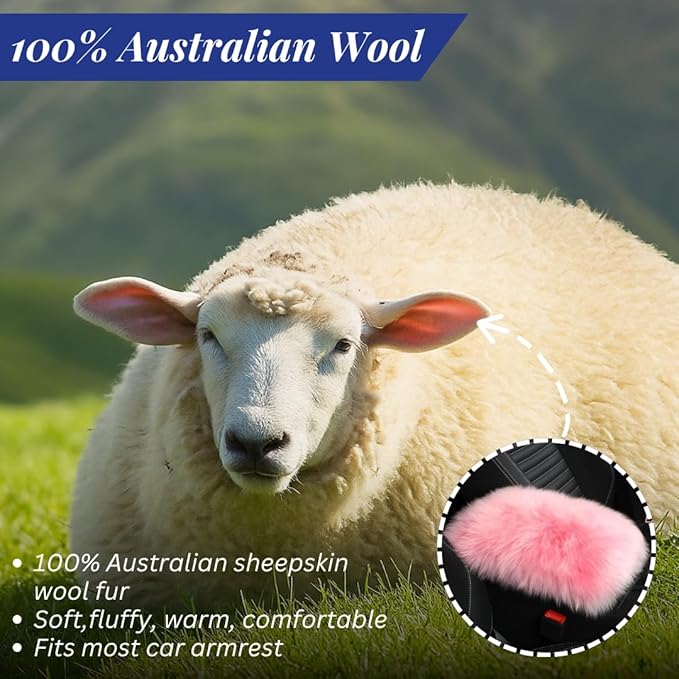 Andalus Brands Pure Australian Sheepskin Fluffy Car Center Console Cover, Luxurious Non-Shedding Furry Arm Rest Cover for Car, Versatile for All Seasons, Pink - (11.47" X 6.3")