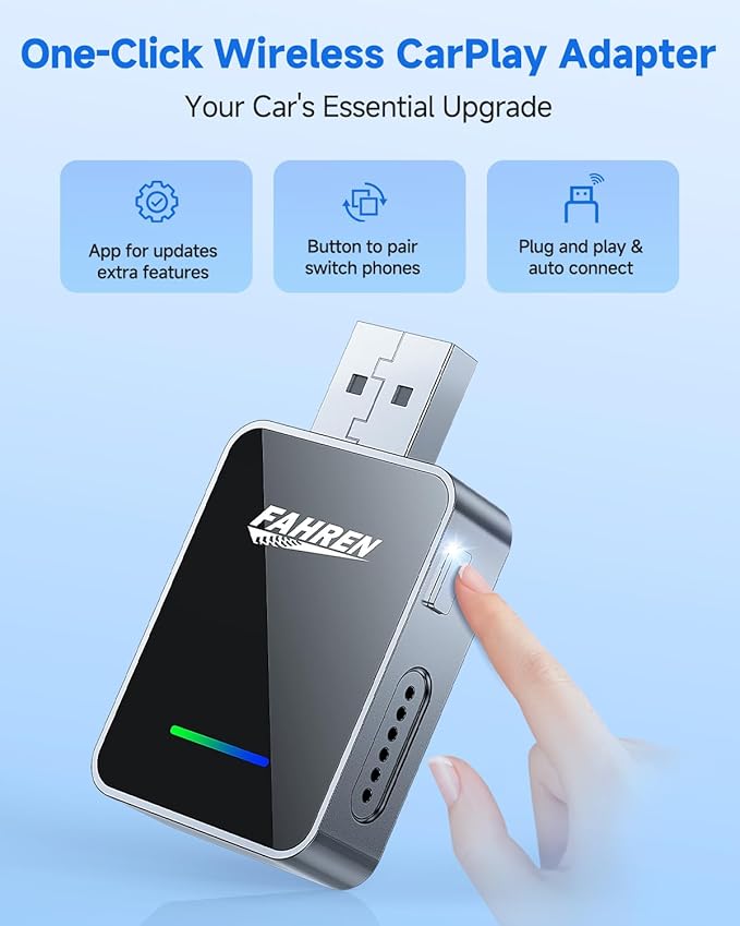 FAHREN 2-in-1 Wireless CarPlay & Android Auto Adapter, One-Click User Switching Car Play Wireless Adapter, Converts Wired to Mini Bluetooth Carplay adapter, Compatible iOS & Android with USB A & USB C