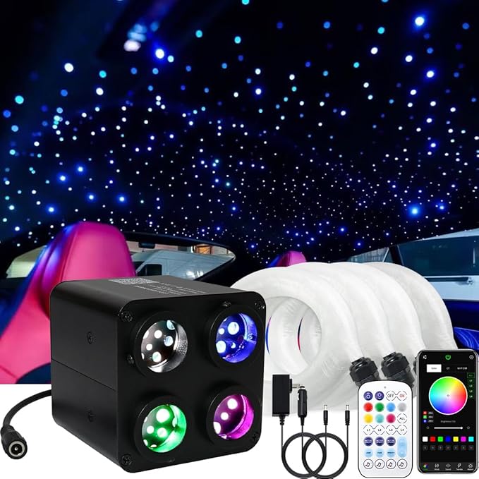 AMKI Updated 4Color Twinkle 36w Starlight Headliner Kits 1300pcs 0.03in 9.8ft Fiber Optic Light Cable 4 Ports Starlight Box App/Remote Control Sound Mode for Car Home Ceiling Decoration