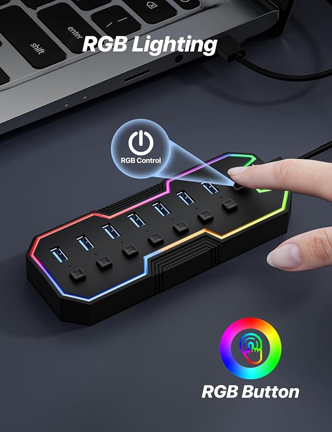 ZIUMIER USB 3.0 Hub,7 Ports USB Expander with RGB LED Strip,USB Hub for Laptop,Individual LED On/Off Switches for Mac, PC, Desktop, Flash Drive, Mobile HDD