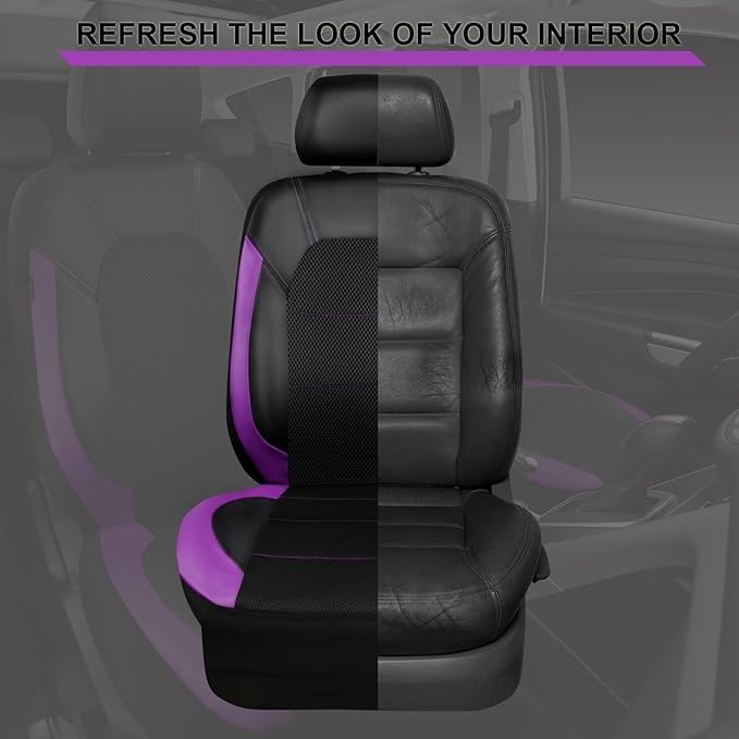 CAR PASS Leather Car Seat Covers Front Seats only, with Air Mesh Front Seat Covers Breathable, Cool Automotive Seat Covers 2 Pack, Universal Fit Most Cars,SUV,Truck,Van Airbag Compatible(Black Purple)