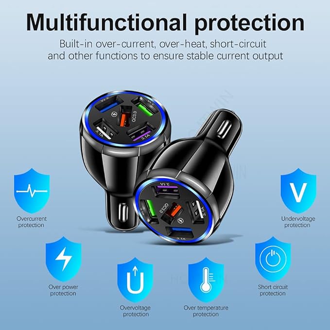 Car Charger Adapter, 5 Port QC3.0 Fast Charging Car Cigarette Lighter USB Charger, Compatible with iPhone, Android, Samsung, iPad Pro, and More (Black)