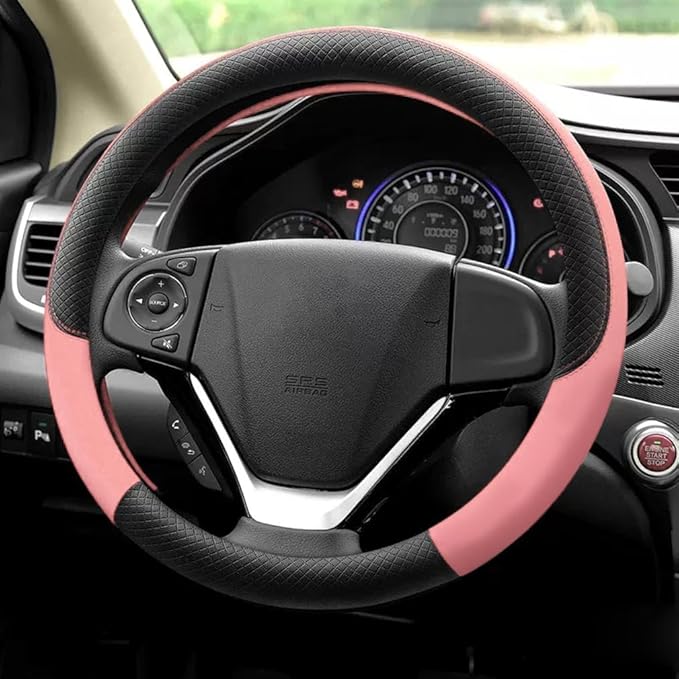 Pahajim Car Steering Wheel Cover for Women Men Universal PU Leather Steering Wheel Accessories Anti Skid 14.5-15 Inch (37-38cm) Forro Volante Carro (Pink)