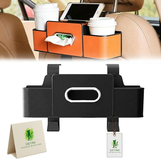 Car Backseat Organizer Multifunction Storage Box Vehicle Seat Accessories Cup Tissue Trash Hooks Phone Snack Drink Handbag Leather Interior Utility Portable Durable Easy Installation Secure(Black)