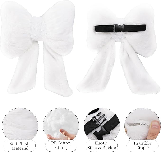 2 Pack Bow Car Headrest Pillows Plush Car Neck Pillows for Travel Driving Office Chair Head Support Cushions, Also Cute Car Decor Accessories (White)