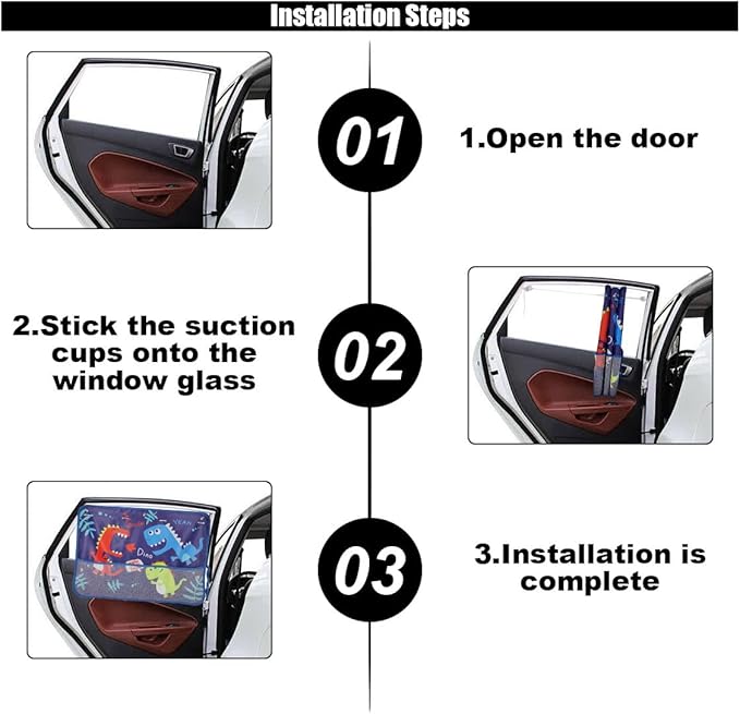 Car Window Shade for Baby, Blackout Car Window Curtain with Storage Pockets & 7 Suction Cups, Cartoon Pattern Cars Side Window Sun Shade Cover for Sun/Heat/UV Rays Protection (Blue-Dinosaurs)