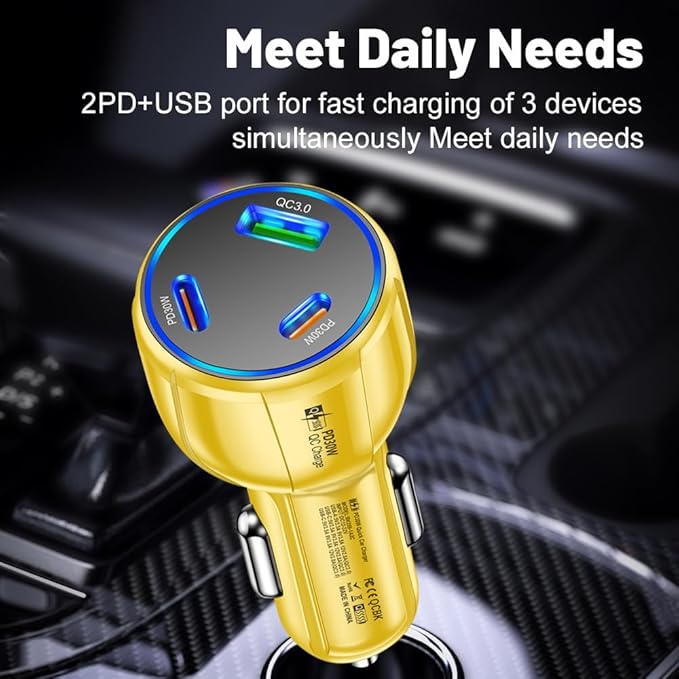 3-Port 90W USB C Car Charger, PD30W & QC3.0 Fast Car Charger Cigarette Lighter Plug Adapter for iPhone/Android/Samsung/iPad (Yellow)