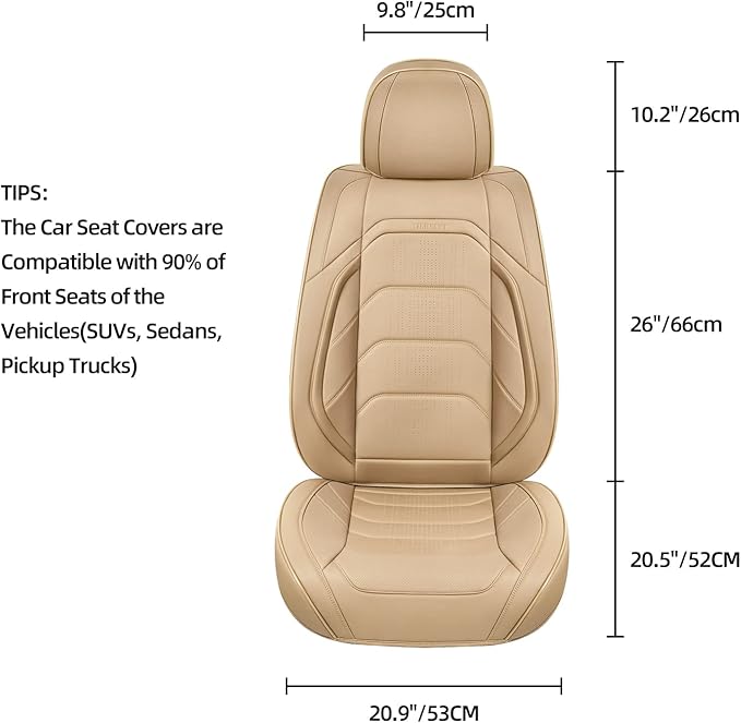 Beige Car Seat Covers Front Pair, Breathable Leather Automotive Front Seat Covers & Headrest for Comfortable Driving, Compatible with Most Cars Sedans SUV Pickup Trucks