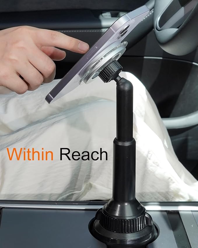 OQTIQ Phone Cup Holder for Car Mount Compatible with MagSafe, Quick Extension Long Arm and 360° Rotation, Fits 3"-4" Cup Holders - Stable & Secure for iPhone 12-17 Series, Not Charger