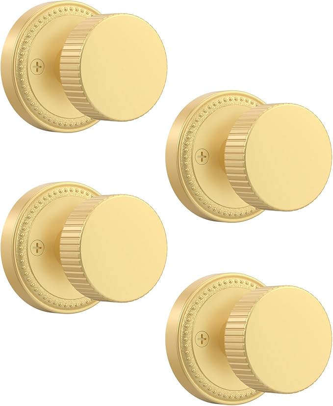 Asidrama 4 Pack Passage Gold Door Knob with Lock. Brush Gold Door Knobs Interior for Bedroom or Bathroom, Heavy Duty Door Handle for Left Right Sided Doors