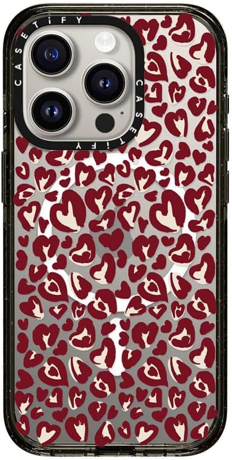 CASETiFY Impact iPhone 15 Pro Case [Slim/Compatible with Magsafe / 8.2 ft. 4X Military Grade Drop Protection] - Leopard Love- Red - Clear Black