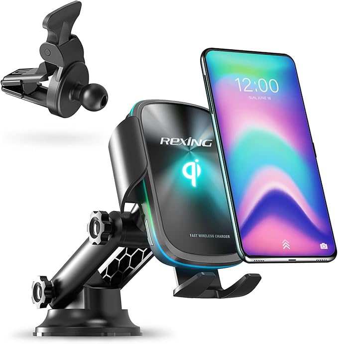 RexingUSA X5 Motorized Qi Car Mount - 15W/7.5W Wireless Charging, Auto Sensing Clamping, Windshield & Air Vent | iPhone, Android & Galaxy Smartphones (No Car Charger)