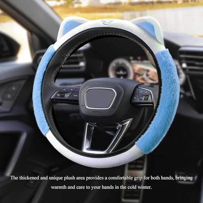 Car Steering Wheel Cover, 15 Inch Fluffy Soft Plush Auto Protector, Anti-Slip Elastic Lovely Car Cover Accessories with Kitty Cat Ears Universal for Most Vehicles (Fluffy-White+Blue)