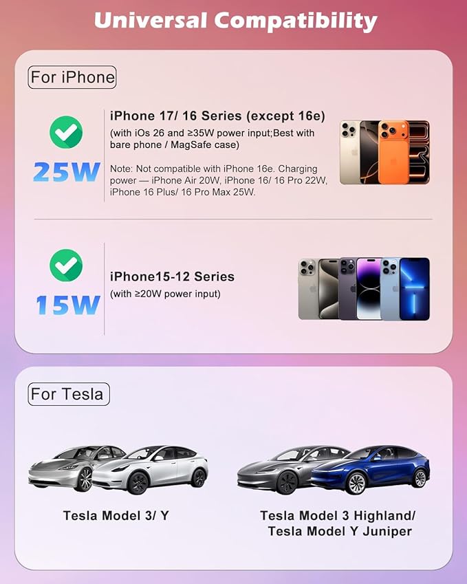 CloudValley 25W Wireless Charger Phone Mount for Tesla Model Y/3 with RGB Lighting, Magnetic Extendable Metal Car Holder with Cooling Fan & 45W Adapter, Design for iPhone MagSafe 17/16 Pro Max