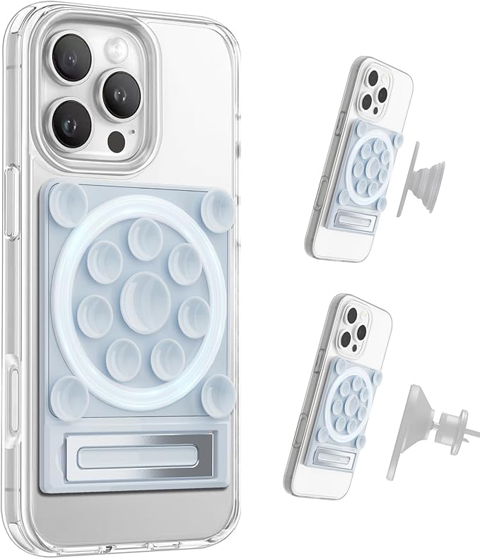 SEMBO Silicone Suction Phone Case Adhesive Sticky Grip Stand with Mag-Back for MagSafe Car/Wall Mounts, Strong Magnetic Holder for Fridge, Gym Equipment, Shower, Hands-Free Selfie (Blue, Adhesive)