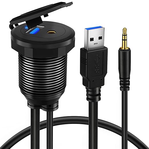 BATIGE Alloy USB 3.0 AUX DC3.5mm Port Car Mount Flush Cable for Car Boat Motorcycle Dash Panel with LED Indicator - 3ft