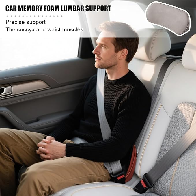 Car Lumbar Support Pillow, Memory Foam Vehicle Seat Lower Back Support Cushion for Back Pain Relief & Sciatica, Comfortable Auto Driver Seat Pad, Universal for Vehicles (Light Gray)
