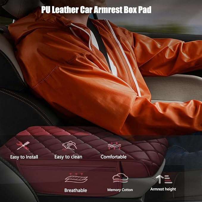 Universal Memory Cotton Car Armrest Box Pad, 2026 New Leather Car Armrest Box Pad with 2 Storage Bags, Auto Armrest Seat Box Cover, Center Console Cover Cushion for SUV, Car, Truck (Beige)