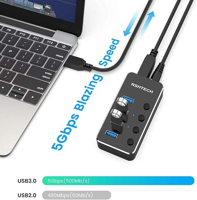 Powered USB Hub, RSHTECH 4 Port USB 3.0 Hub Splitter Portable Aluminum USB Data Hub Expander with Individual On/Off Switch and Universal 5V AC Adapter, 3.3ft USB 3.0 Cable (RSH-516)