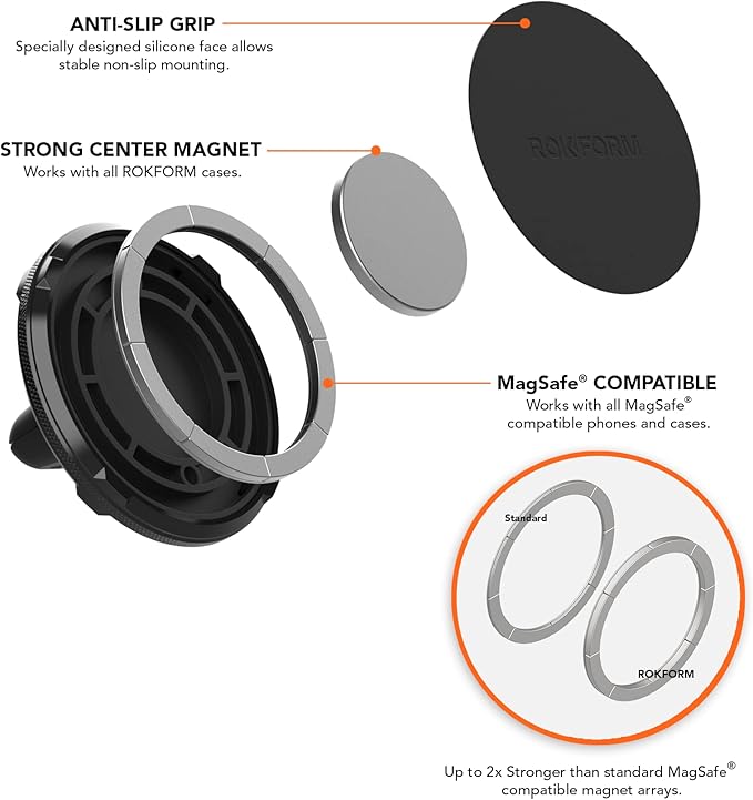 ROKFORM - Double Magnetic Air Vent Holder, Super Grip Clip, Aluminium Car Holder, Compatible with MagSafe Phones and Cases and All Cases (Black)
