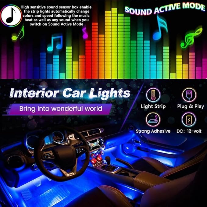 Car LED Strip Lights,72 LED Interior Strip Lights RGB with Smart APP Remote Control,Multicolor Footwell Under Dash Inside Light Kits Music Sync Mode, for Vehicle Internal, SUV, Trucks, 12V
