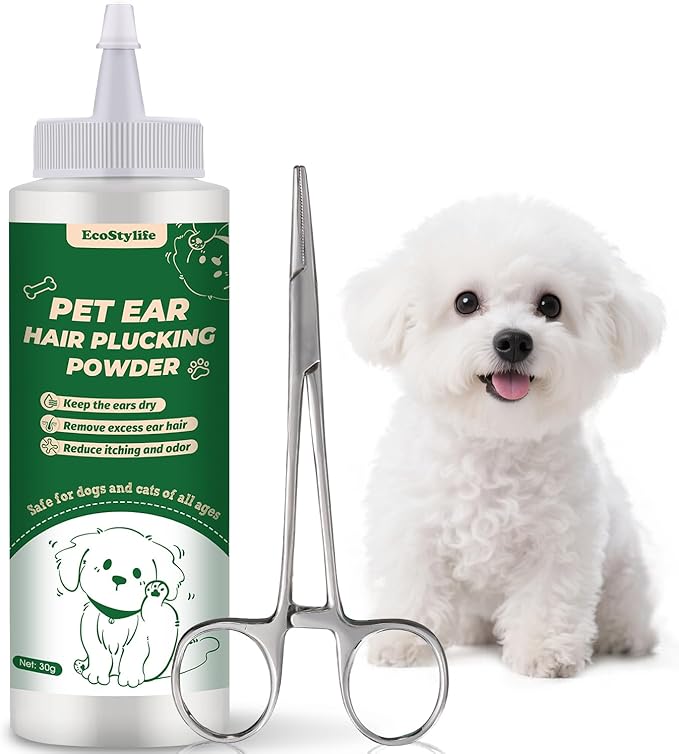 Dog Ear Plucking Powder & Hair Removal Tool Kit – 30g Dog Ear Powder for Hair Removal, 5.5" Hemostat Ear Hair Removal Tool – Helps Reduce Wax & Odor – Ear Grooming Kit for Dogs