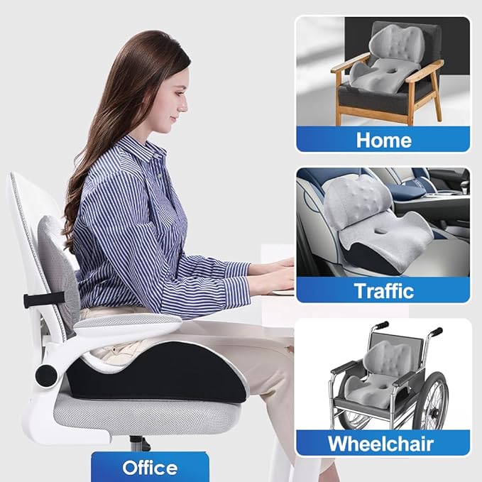 X Large Memory Foam Seat Cushion Lumbar Support Pillow for Sciatica & Tailbone Pressure Relief Coccyx Pad for Office Chair, Car,Wheelchair,Home,Office