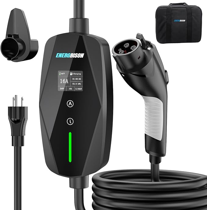Level 1&2 EV Charger -16Amp Adjustable Current Home Charging Station with 110V-240V NEMA 6-20 Plug & 5-15 Adapter, 25FT Cable Portable Electric Vehicle Car Charger, SAE J1772 Charging Station for Home