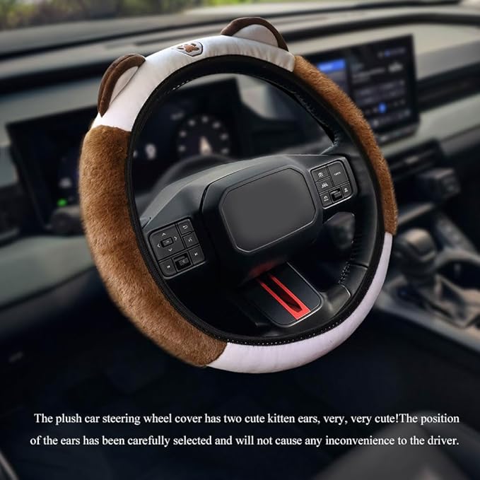 Car Steering Wheel Cover, 15 Inch Fluffy Soft Plush Auto Protector, Anti-Slip Elastic Lovely Car Cover Accessories with Kitty Cat Ears Universal for Most Cars (Fluffy-White+Brown)