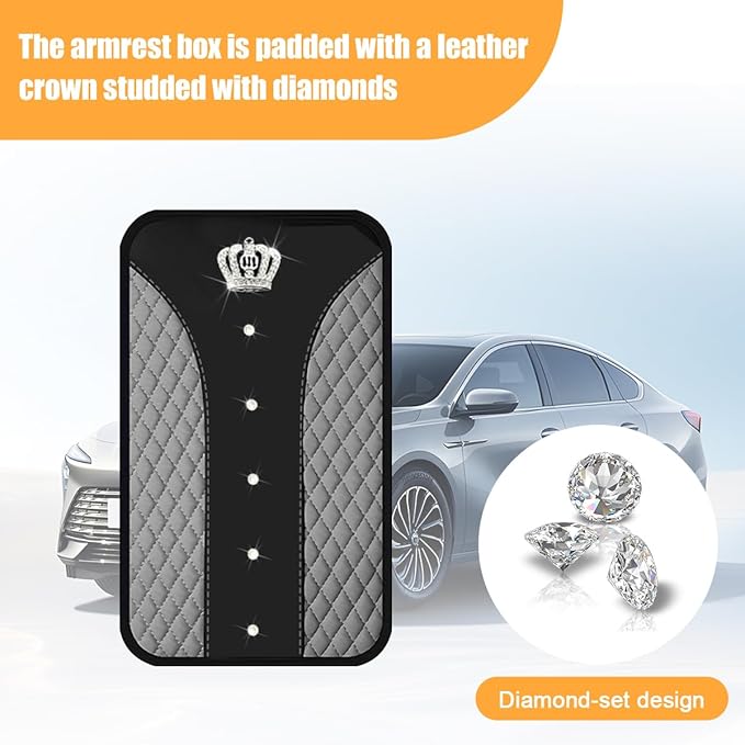 Bling Car Center Console Cover, Crown Crystal Rhinestones Vehicle Armrest Mat Protector, Anti Slip Sparkling Automotive Arm Rest Seat Box Cushion Pad Decor Accessories, Universal Fit (Gray)