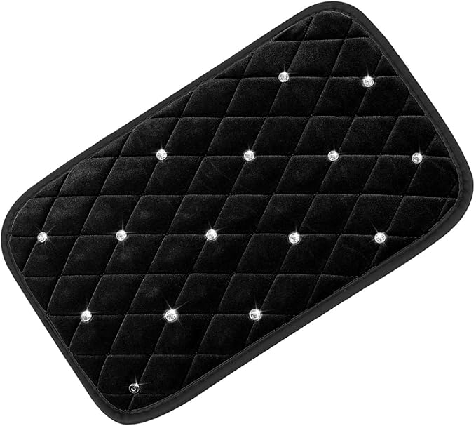 Bling Car Center Console Cover, Soft Fluffy Armrest Seat Box Cushion Pad, Crystal Diamond Arm Rest Protection Mat, Automotive Interior Decoration Accessories for Most Vehicles (Black)