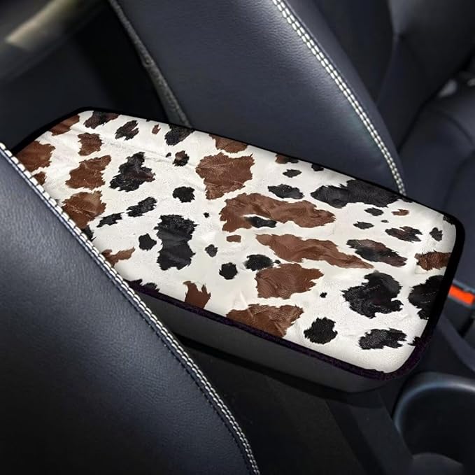 Coldinair Brown Cow Print Car Armrest Cover,Auto Center Console Pad,Soft Seat Box Cover Protector Cushion,Car Accessories Decor for Most Cars,Sedan,Truck,SUV