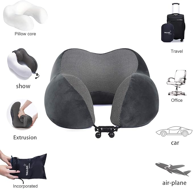 TALLGO Travel Pillow, Best Memory Foam Neck Pillow Head Support Soft Pillow for Sleeping Rest, Airplane Car & Home Use (Grey)