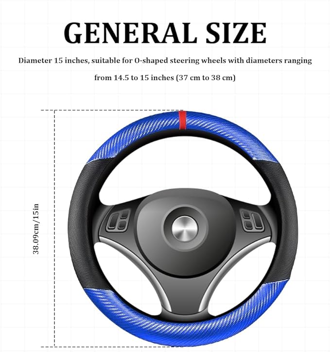 Car Steering Wheel Cover, Steering Wheel Accessories, 15 Inch Microfiber Leather Carbon Fiber Soft Anti-Slip Breathable, Car Accessories Elastic Non-Slip Cover for Most Vehicles (Blue)