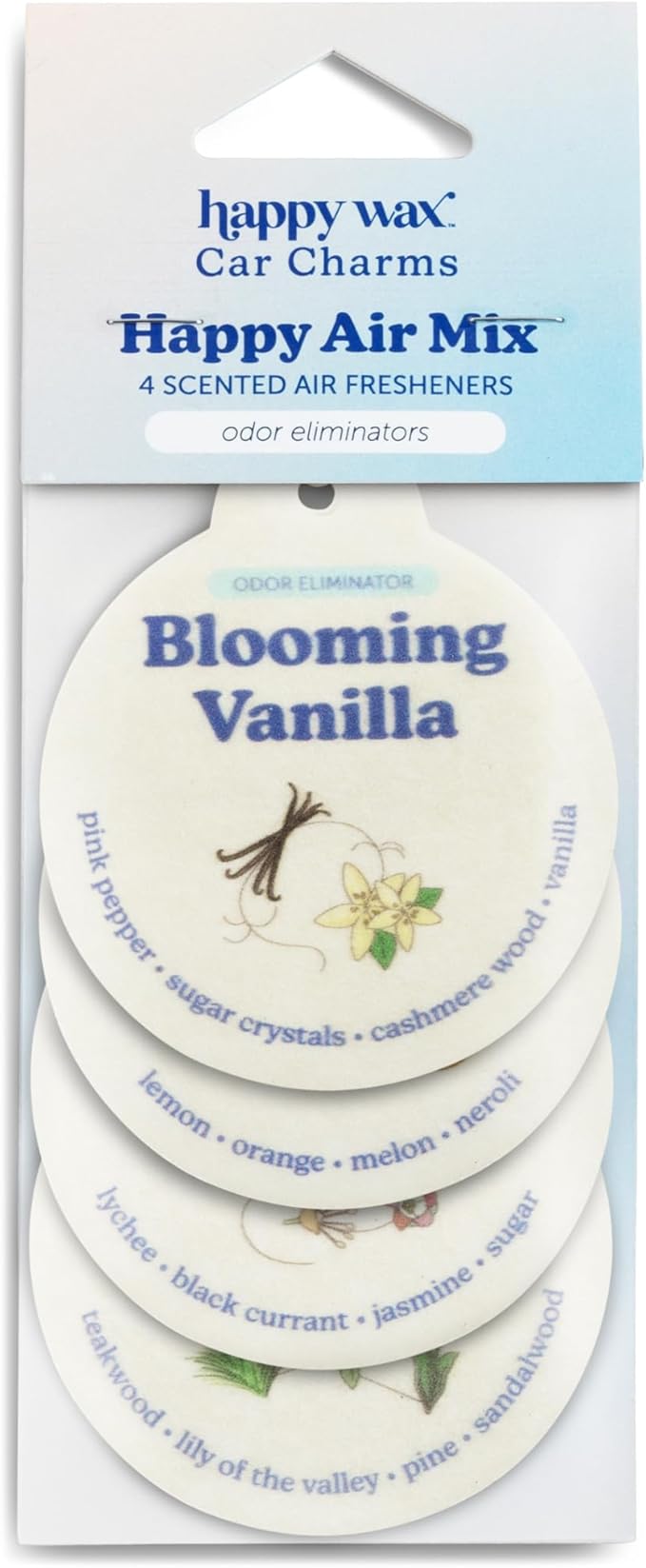 Happy Wax Odor Eliminating Car Charms 4-Pack - Includes: Blooming Vanilla, Golden Citrus, Sugared Fruit, Teakwood Trails