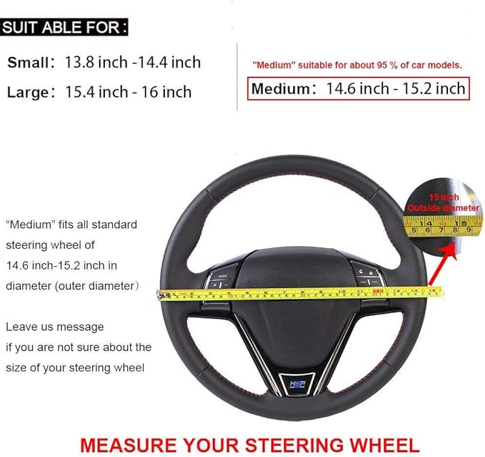 Genuine Leather 15.5 Inch Large Car Steering Wheel Cover with Needle Thread for Buick GL8 SUVS Trucks Etc.Black