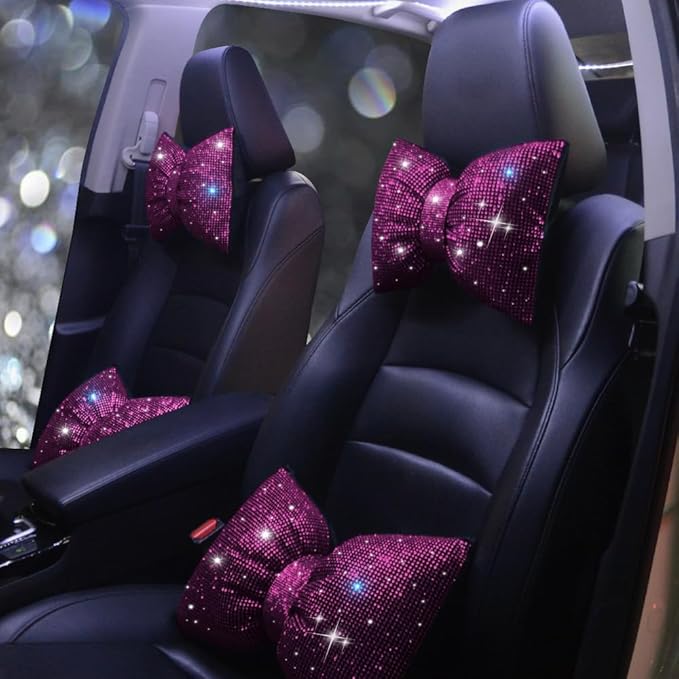Crystal Seat Head-Rest Pillow Bow Tie Car Neck Headrest Cushion Bling Bling Rhinestones Diamond for Car Girls and Women Neck Support Interior Bling Accessories Purple 2Pcs