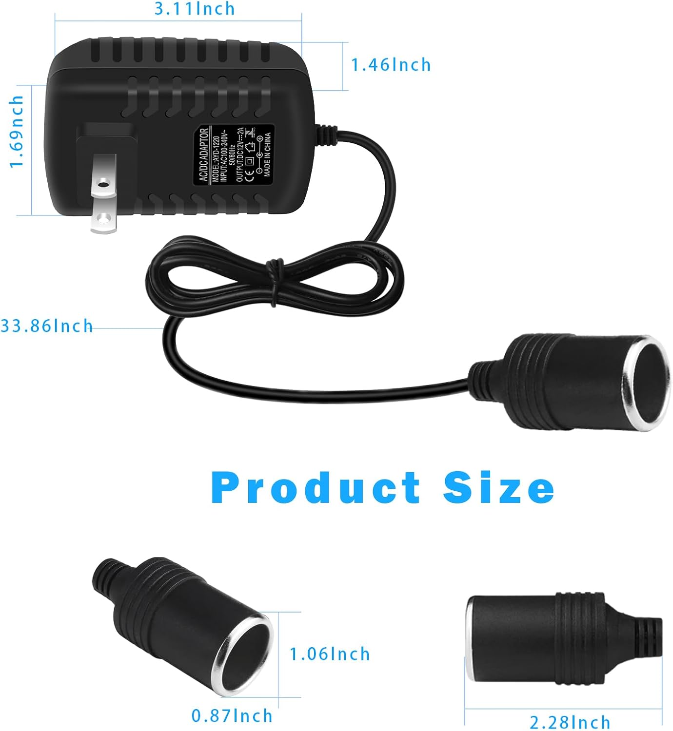 inShareplus 12V 2A 24W AC to DC Converter, 12 Volt Car Cigarette Lighter Adapter to Wall Outlet, 110V to 12V Power Supply for Car Devices, 2 Pack