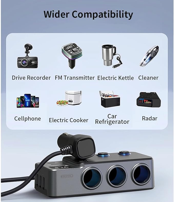 Cigarette Lighter Splitter, 8 in 1 Car Cigarette Lighter Adapter PD 35W Car Charger 3-Socket Heavy Duty Truck Multi Port USB C 12V/24V Independent Switches LED Display Super Fast Charger Car Devices