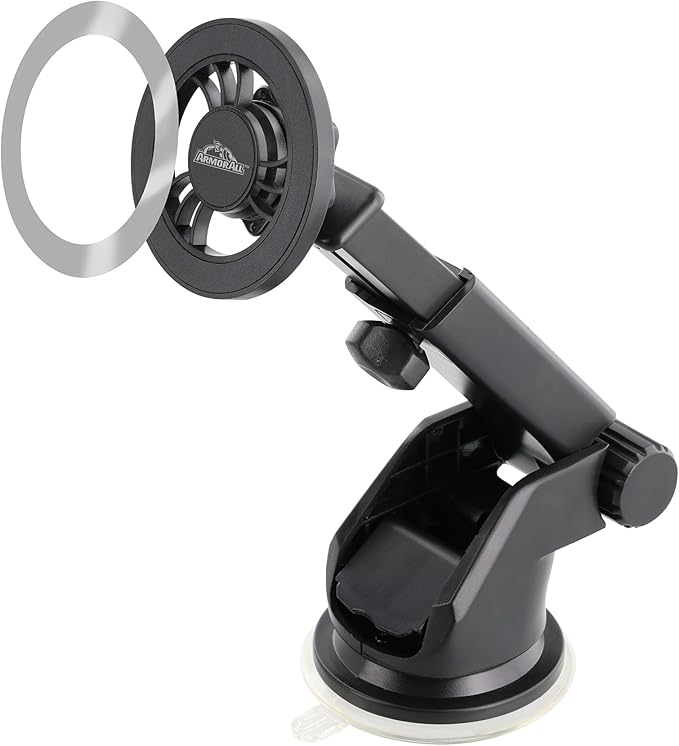 Armor All Magnetic Phone Mount for Car, Dashboard & Windshield Phone Holder with Industrial Suction Cup for MagSafe Phones, iPhones, Includes Magnet Ring for Samsung, Non-Magnetic Phones, & Cases