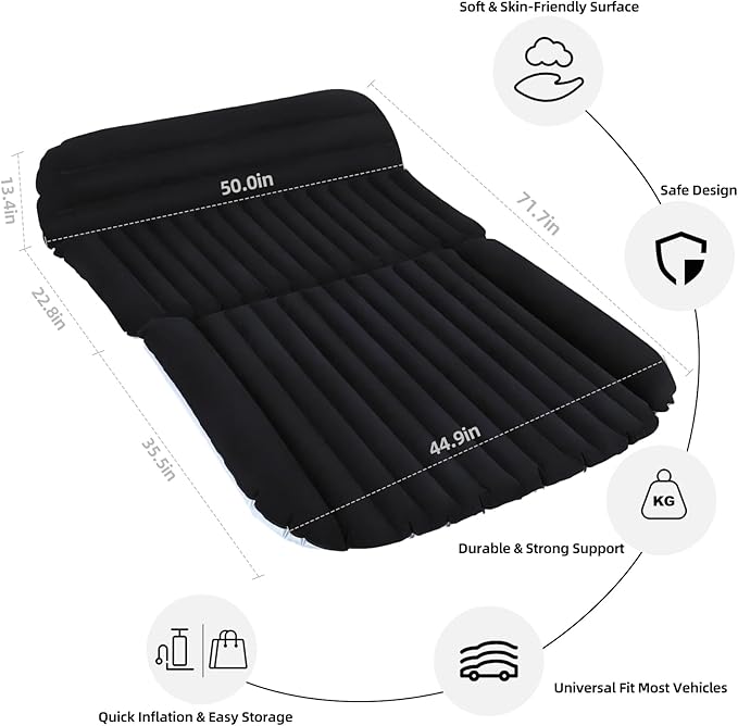 SUV Car Air Mattress – Inflatable Back Seat Bed with Electric Air Pump, Portable Camping Travel Sleeping Pad, Blow Up Car Bed (Black)