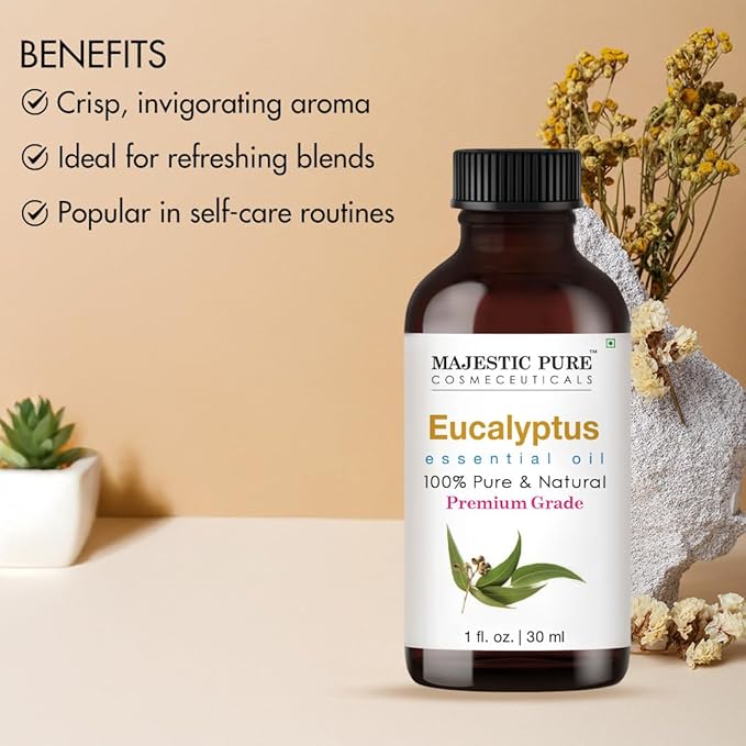 Majestic Pure Essential Oil with Glass Dropper - 100% Pure and Natural - Essential Oils for Diffuser, Aromatherapy, Soap and Candle Making, Eucalyptus Essential Oil, Eucalyptus Oil, 1 Fl Oz